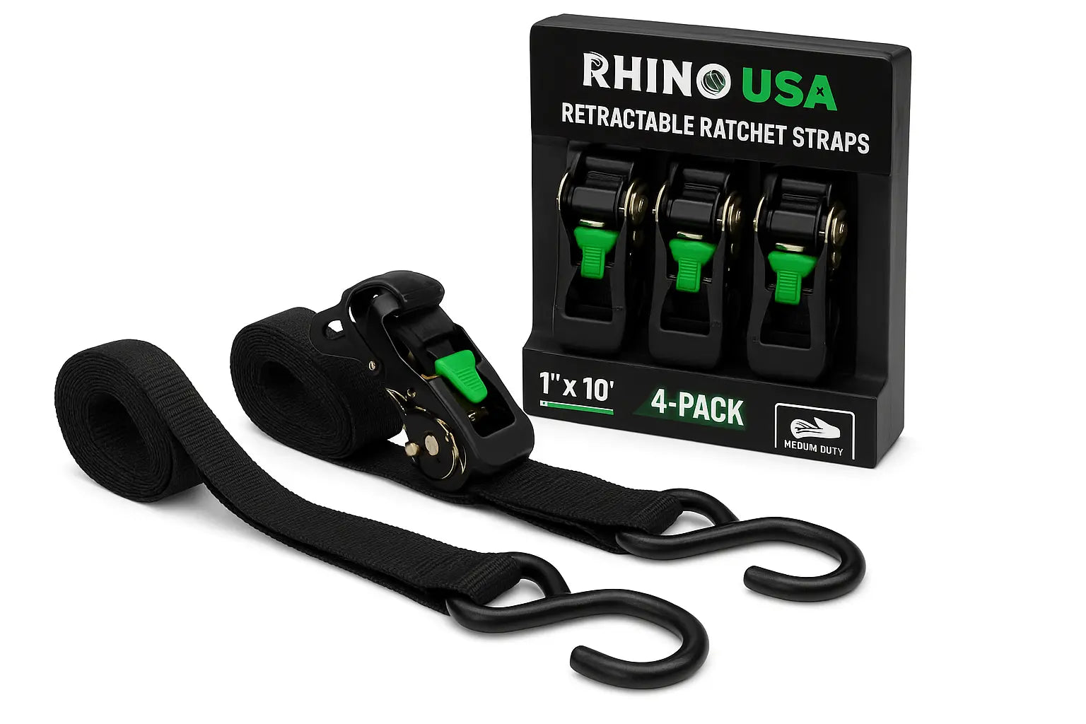 Rhino USA 1" x 10' Retractable Ratchet Straps